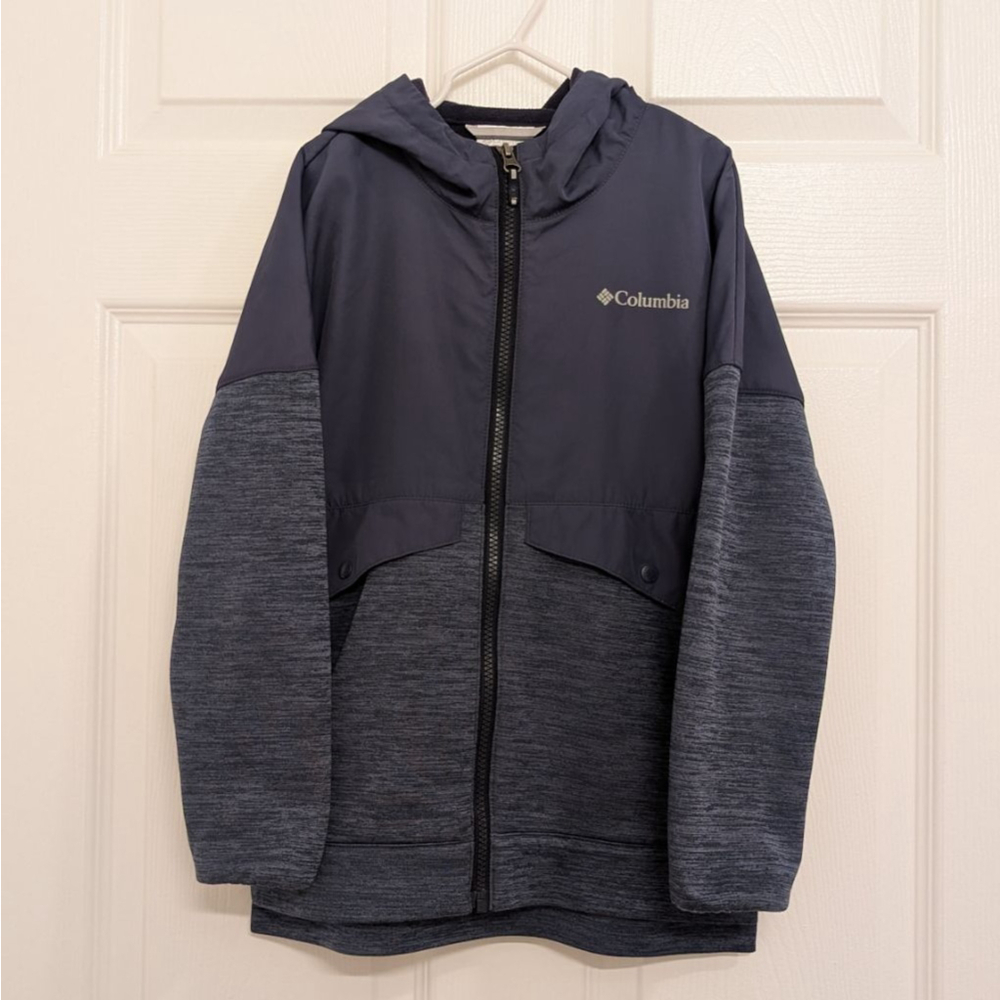 Boys Columbia full zip hooded windbreaker Jacket S Navy Gray with fleece lining